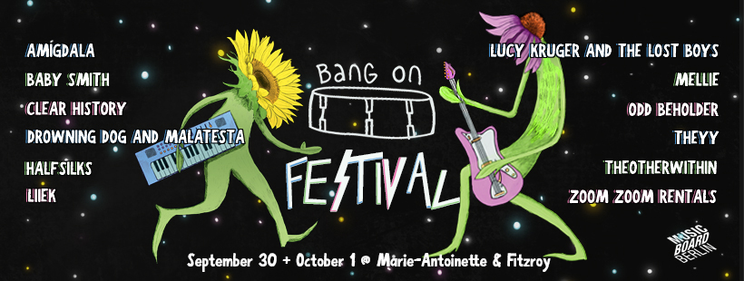 Festival-Poster mit Lineup: Amigdala, Baby Smith, Clear History, Drowning Dog and Malatesta, Halfsilks, Liiek, Lucy Kruger and the Lost Boys, Mellie, Odd Beholder, Theyy, TheOtherWithin, Zoom Zoom Rentals